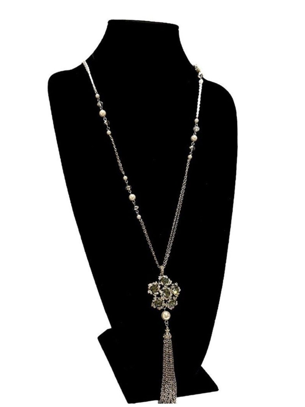 WHITE HOUSE BLACK MARKET Silver & Iridescent Crystal Flower Tassel Necklace NWT